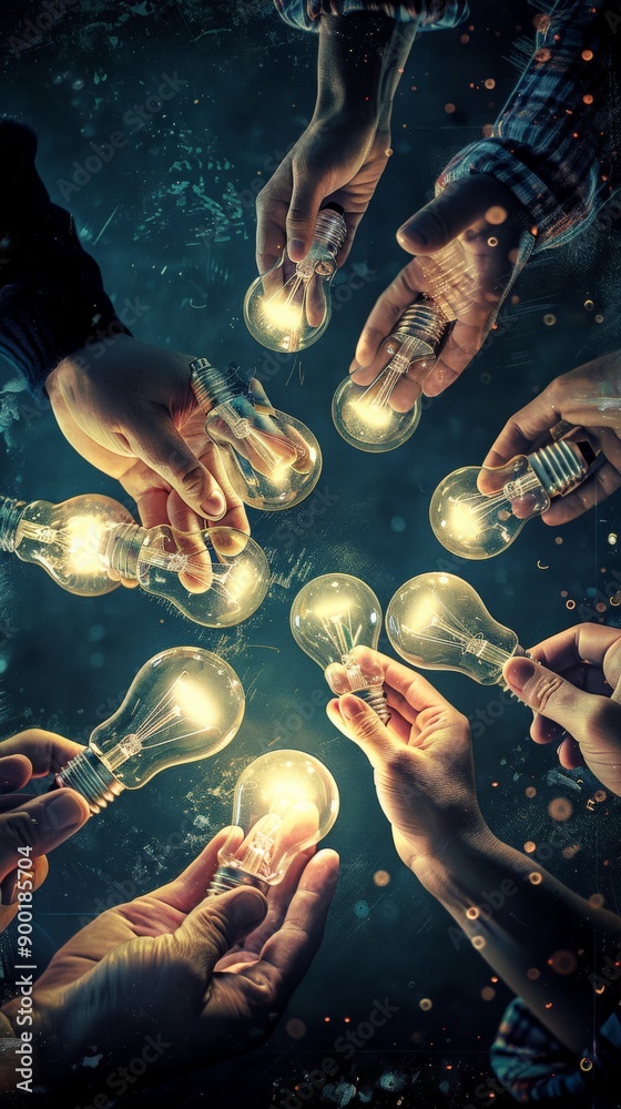 Poster hands holding glowing light bulbs in a circle against a dark background. collaboration and sharing i