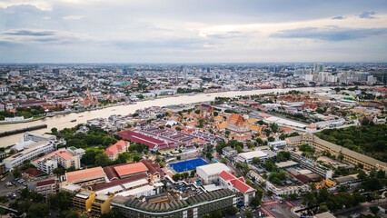 Fototapeta premium aerial of Bangkok Thailand Grand palace king royal residence in old town drone cityscape at sunset