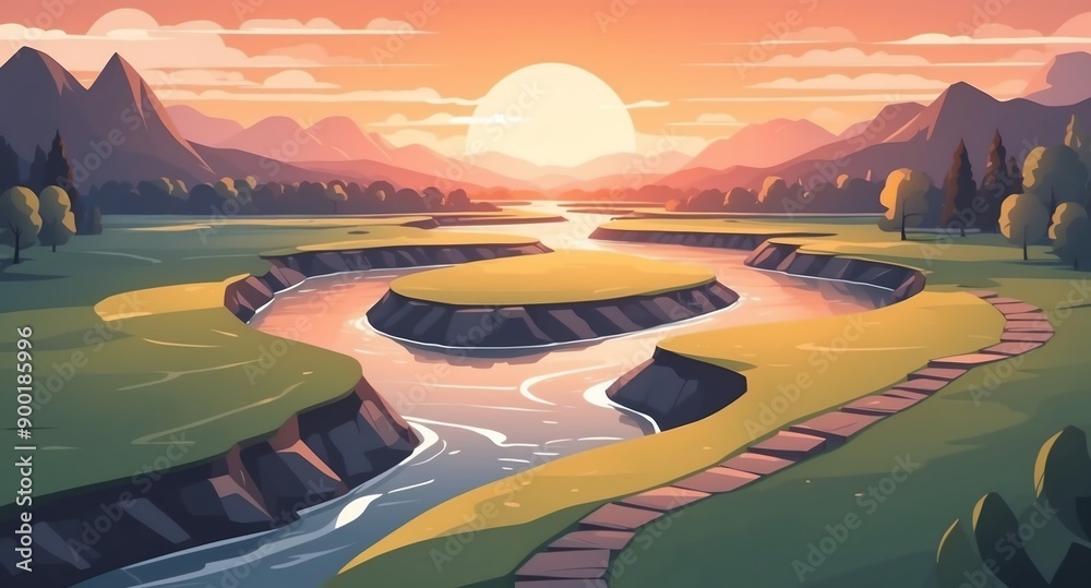 Sticker river with winding path sunset landscape flat cartoon style illustration design background copy spac