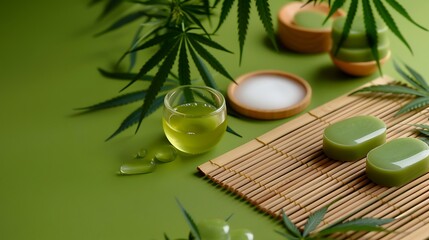 Zen-Inspired Arrangement of CBD Products with Hemp Leaves