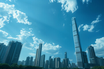 Naklejka premium Skyscrapers Reaching into a Bright Blue Sky with White Clouds on a Sunny Day