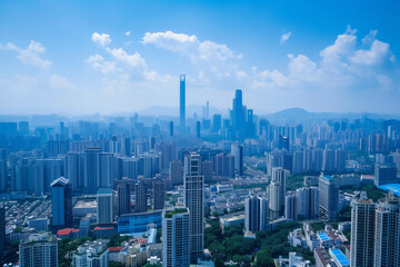 Skyscrapers Reaching into a Bright Blue Sky with White Clouds on a Sunny Day