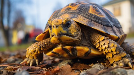 Naklejka premium A turtle in the big city of road 