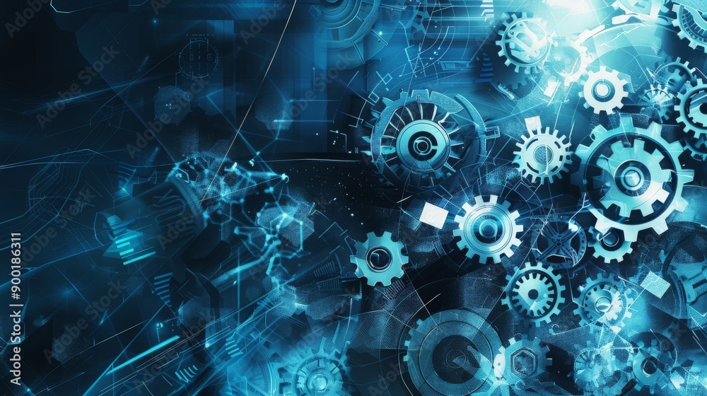 Poster abstract blue digital gears and mechanical elements background. perfect for technology and engineeri
