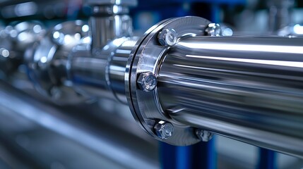 Obraz premium Close-up of a shiny metal pipe showcasing industrial design and precision engineering in a modern facility.