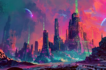 A Futuristic Cityscape with a Pink and Purple Sky