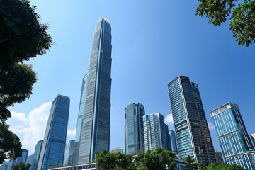 Obraz premium Skyscrapers Reaching into a Bright Blue Sky with White Clouds on a Sunny Day