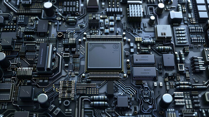 Fototapeta premium A detailed view of a computer motherboard with various components and circuits, representing high-tech electronics and engineering.