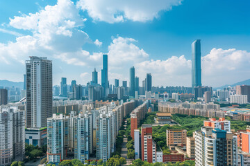 Obraz premium Skyscrapers Reaching into a Bright Blue Sky with White Clouds on a Sunny Day