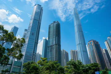 Obraz premium Skyscrapers Reaching into a Bright Blue Sky with White Clouds on a Sunny Day