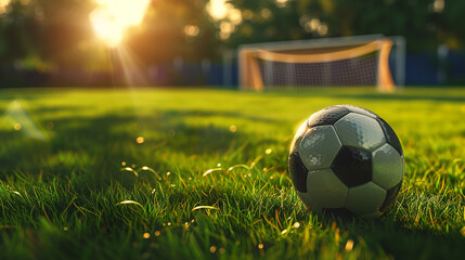 Fototapeta premium A soccer ball on a grassy field with goalposts in the background, bathed in warm sunlight, representing sports and outdoor activity.