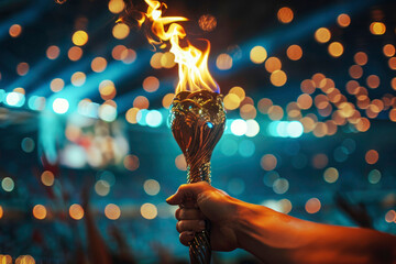 A hand holding the flaming Olympic torch with dazzling lights in the background, symbolizing unity, sportsmanship, and the Olympic spirit.