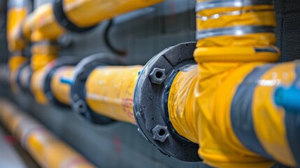 Close-up of yellow industrial pipes showcasing detail, structure, and connection, ideal for engineering and manufacturing themes.
