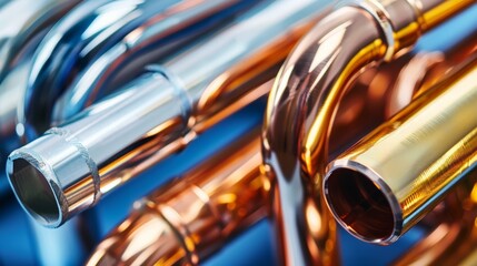Naklejka premium Close-up of shiny metal pipes showcasing different textures and colors. Perfect for illustrating plumbing or industrial themes.
