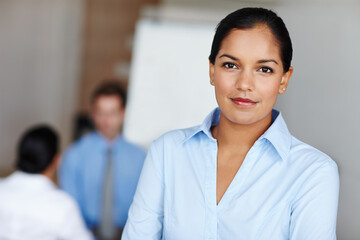 Fototapeta premium Smile, business and woman with portrait in office for work in performance monitoring and compliance. Investor relations manager, confident and proud for financial reporting and partnership management