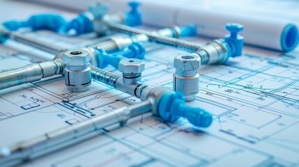 Detailed plumbing components on engineering blueprints, perfect for construction and mechanical design projects.
