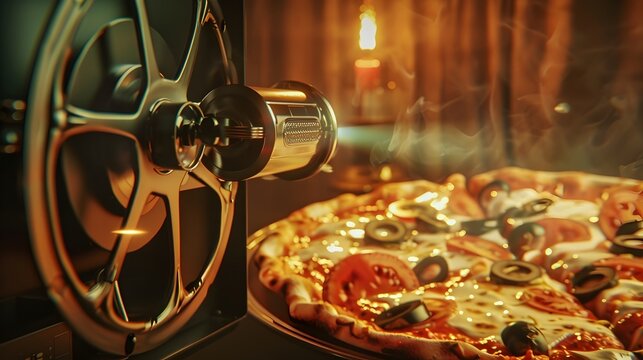 Mouthwatering Retro Style Pizza Slideshow Projection Against Warm Vintage Backdrop