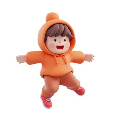 Fototapeta premium A cute boy in an orange hoodie jumping like a fun toy.