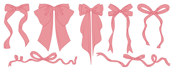 Hair ribbon bow. Cute vector girly illustration. Vintage cartoon drawing for birthday present. Set of pink lovely accessories. Colored simple fashion romantic decoration.