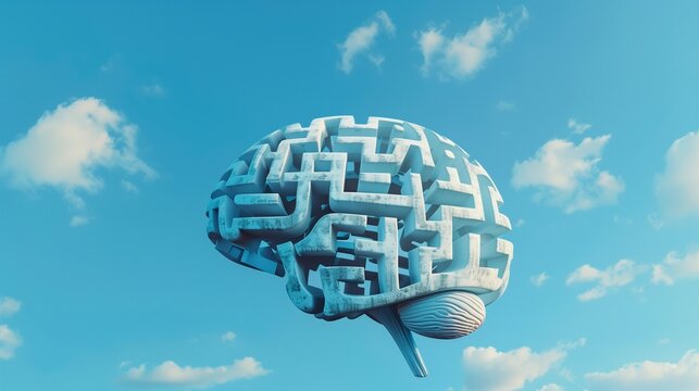 Conceptual image of a brain formed from a maze and jigsaw puzzle pieces, symbolizing mental challenges and solutions.