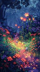 Obraz premium Pixel art enchanted meadow, glowing flowers, mystical atmosphere, fantasy