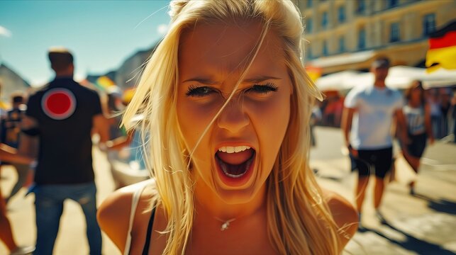 A woman with her mouth open in the middle of a crowd of people