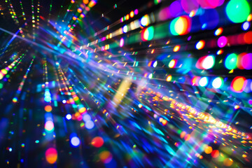 Colorful streaks of light with glowing sparkles on dark background