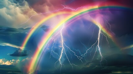Obraz premium A vivid, colorful rainbow glowing against a dark, futuristic sky filled with light patterns and fractal designs