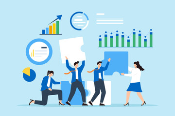 Assembling market strategies, comprehensive data analysis, collaborative problem-solving, insightful decision-making concept vector illustration. Business analysts building puzzle with charts