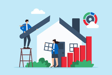 Fototapeta premium Constructing solid business strategies, foundation of data analysis, collaboration in market planning, strategic growth concept vector illustration. Team of analysts building house with bar graphs