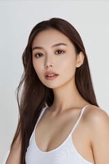 A woman with long brown hair wearing a white tank top