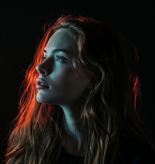 Fototapeta premium A woman with long blonde hair in a dark room