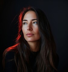 Fototapeta premium A woman with long dark hair and blue eyes looking at the camera