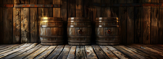 "Wooden Background with Round Table and Beer Barrels"