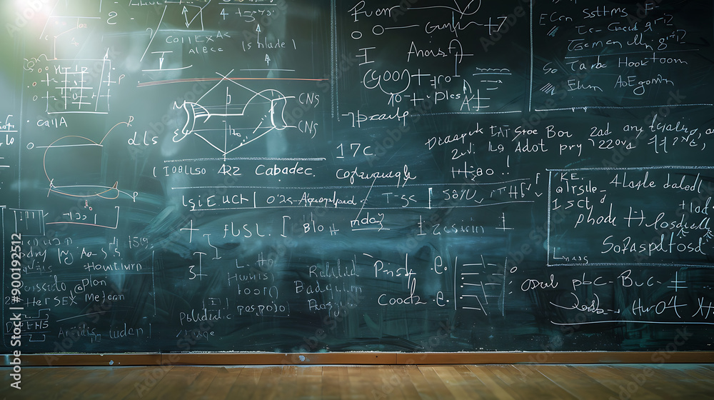 Poster Blackboard inscribed with scientific formulas and calculations in physics and mathematics.