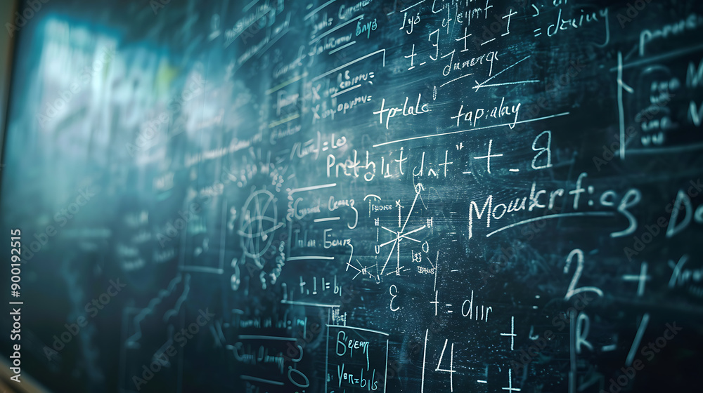 Leinwandbilder blackboard inscribed with scientific formulas and calculations in physics and mathematics.