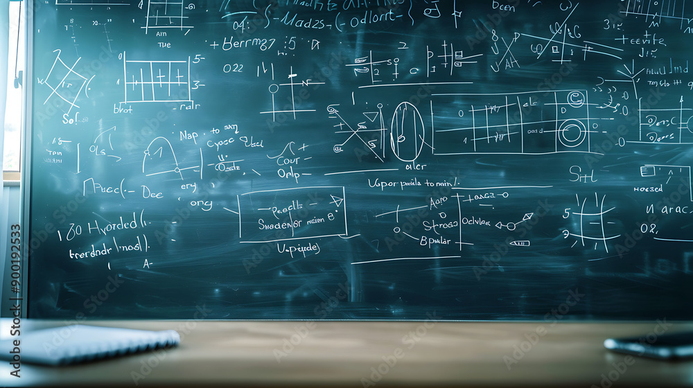Poster Blackboard inscribed with scientific formulas and calculations in physics and mathematics.