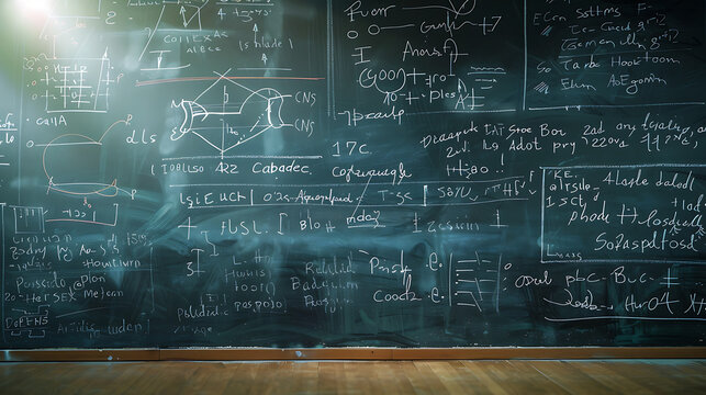 Blackboard inscribed with scientific formulas and calculations in physics and mathematics.