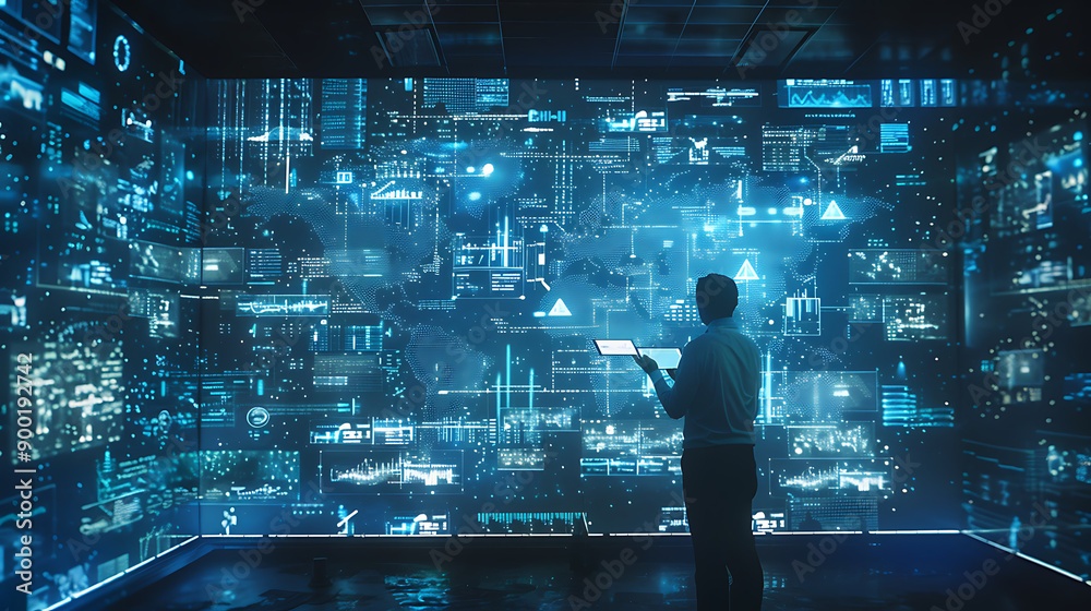 Aufkleber futuristic digital data flow with vibrant blue and red lights, representing technology, innovation a