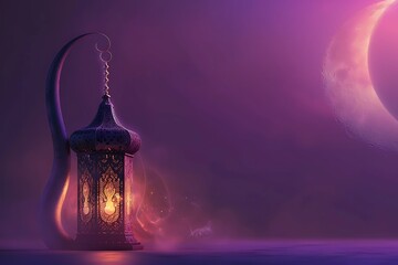 Fototapeta premium Fantasy night landscape with crescent moon, arabic lantern of ramadan celebration background, neon. 3D illustration