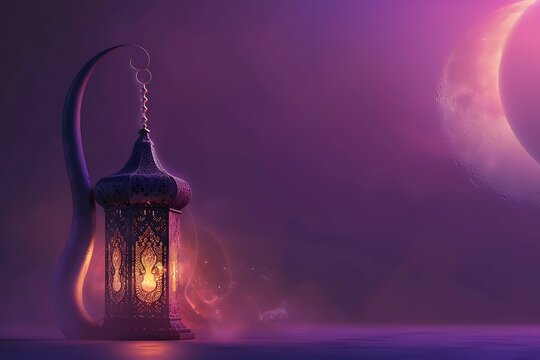 Fantasy night landscape with crescent moon, arabic lantern of ramadan celebration background, neon. 3D illustration
