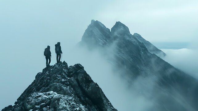 Bergsteiger auf einem Gipfel im Gebirge bei Nebel