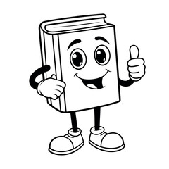 Cheerful book mascot in monochrome, perfect for coloring pages, school posters, and educational websites. Features a happy expression and thumbs-up gesture