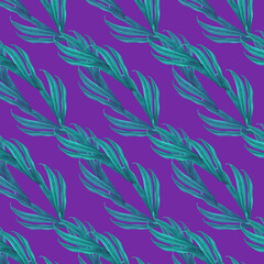 Seamless pattern of fresh blue-green grass and leaves. Watercolor illustration of tropical leaves, hand drawn for template for textile, fabric, wrapping paper, scrapbooking, wallpaper, travel, carpet