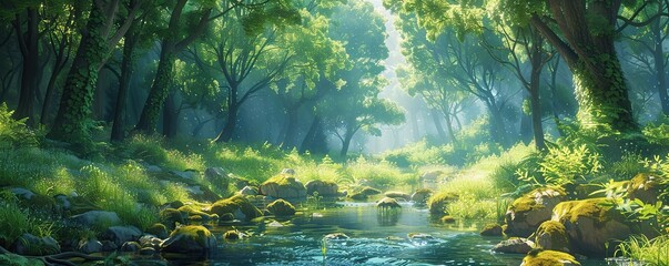 A Serene Creek Winding Through a Sun-Dappled Forest