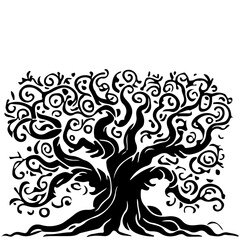 Silhouette of an Ornate Tree with Swirled Branches