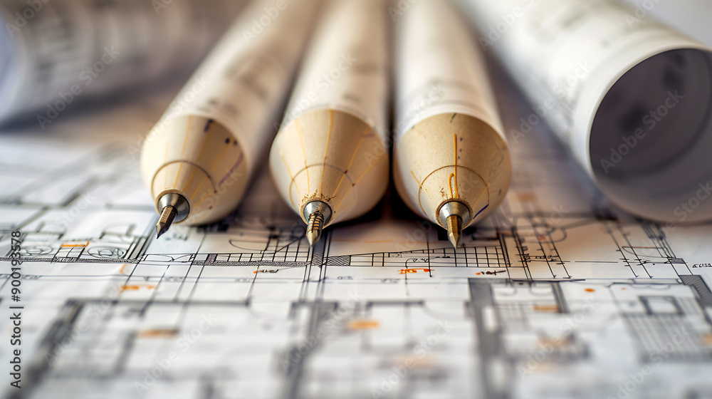 Poster architect rolls and architectural plan,technical project drawing
