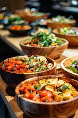 Fototapeta premium Fresh healthy salads in wooden bowls on display