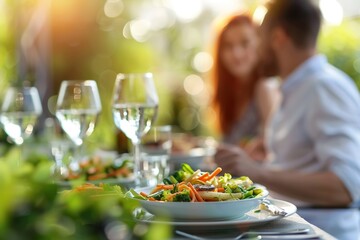 Obraz premium Healthy dinner for two with fresh salad on sunny terrace