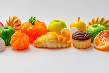 Colorful plastic fruit and sweet shapes on white